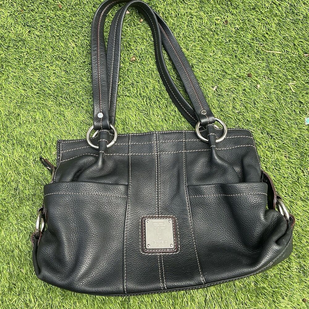 Tignanello Black Genuine Leather Shoulder Bag Satchel Tote Multi Pocket